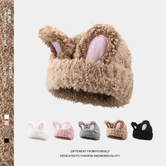 Bonito gorro de punto de conejo de peluche | Protección cálida de invierno para niños