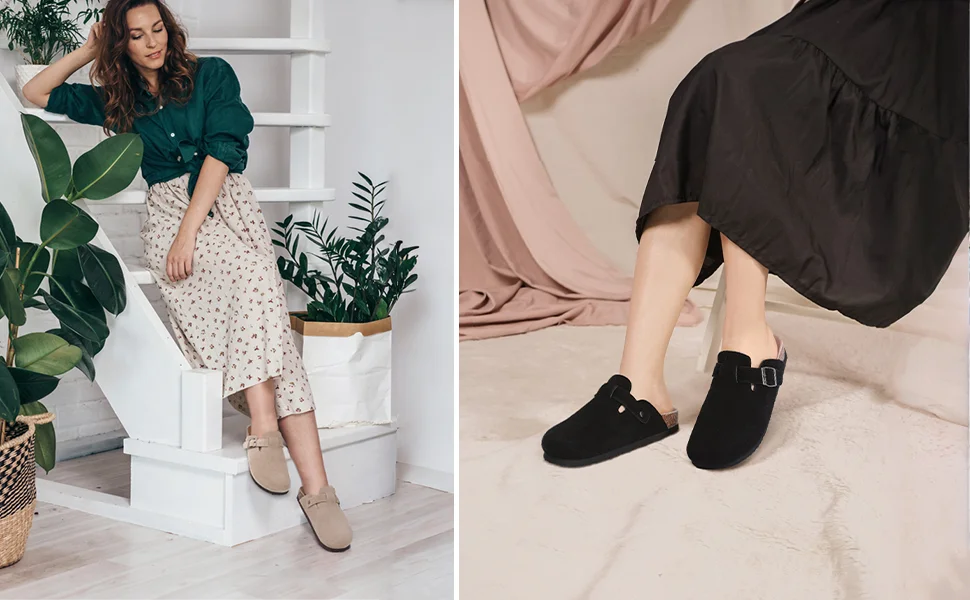 Women's Adjustable Buckle Cork Clogs | Comfortable Suede Slippers