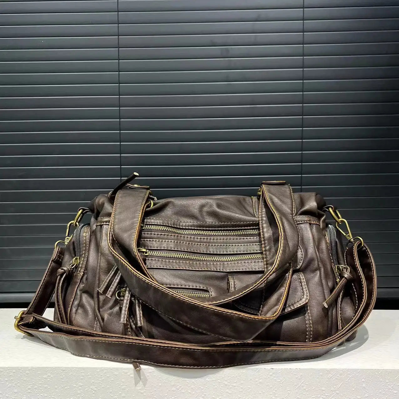 Vintage Washed Leather Crossbody Bag | Large Capacity Multi Pocket