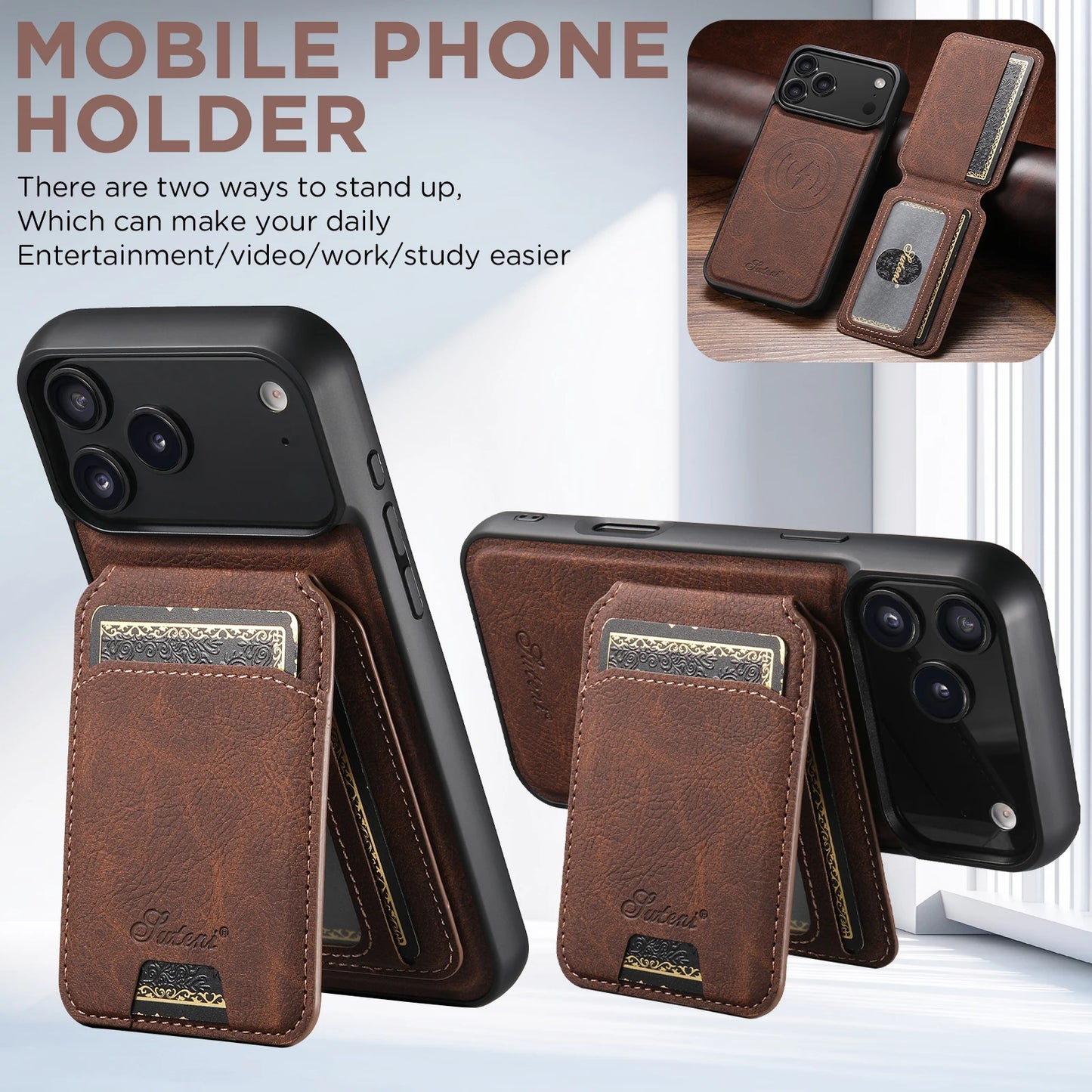 SUTENI Wireless Charging Phone Case Magnet Card Holder Stand Faux Leather For iPhone 17 Pro Max 16 Plus 15 14 13 12