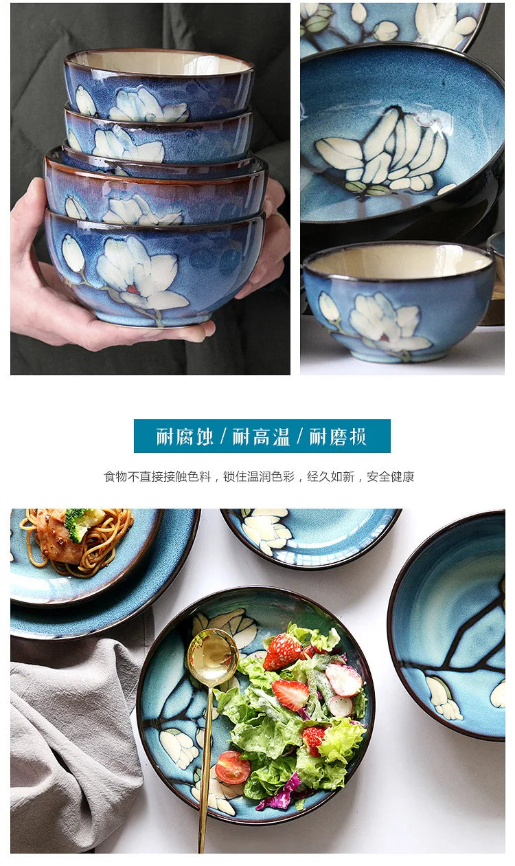 Juego de cuencos hondos para sopa pintados a mano de estilo japonés | Vajilla elegante