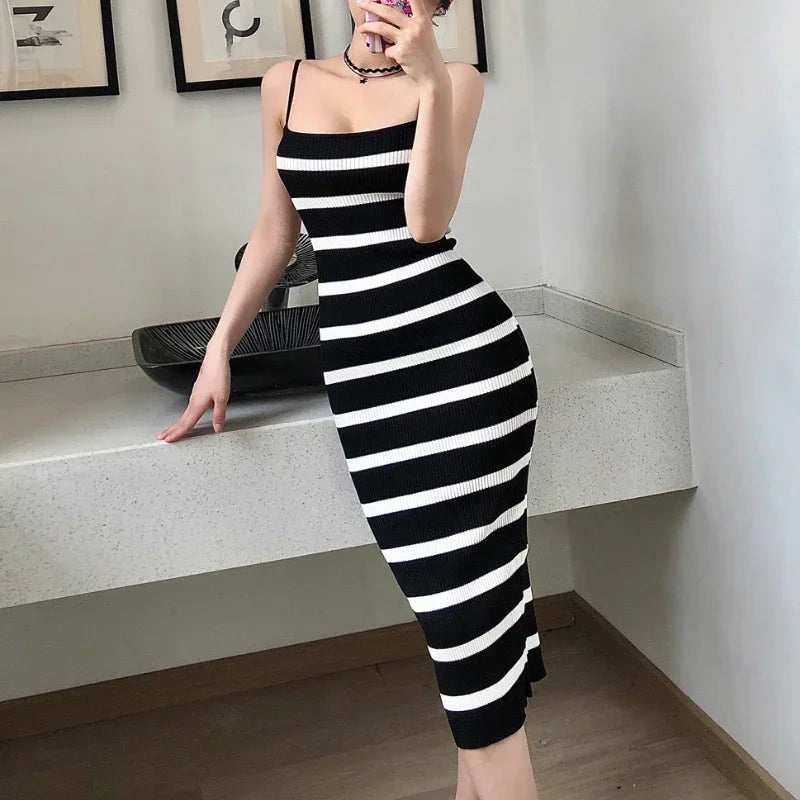 Summer Sexy Knitting Sleeveless Dress | Vintage Striped Bodycon Midi