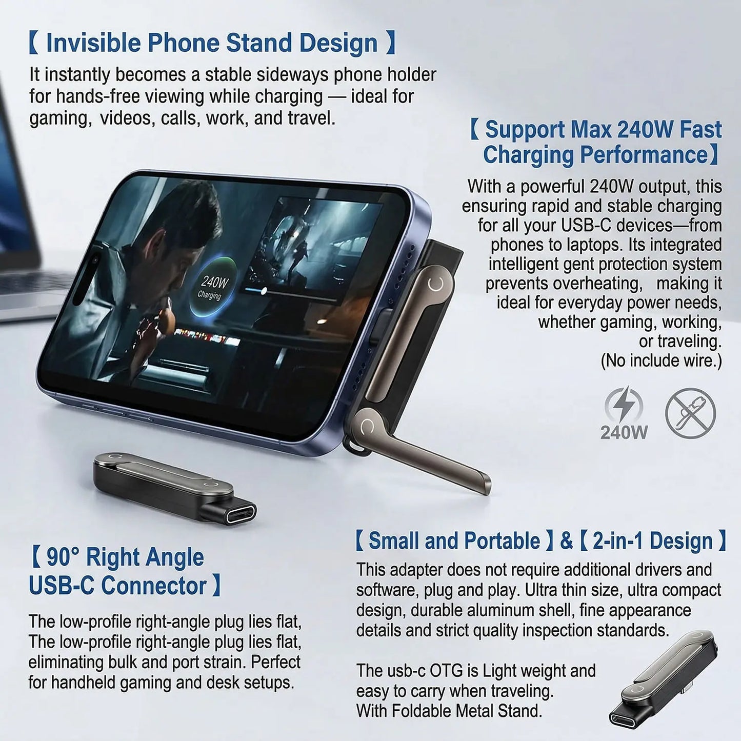 240W USB Type C Flat Charger & Foldable Phone Holder