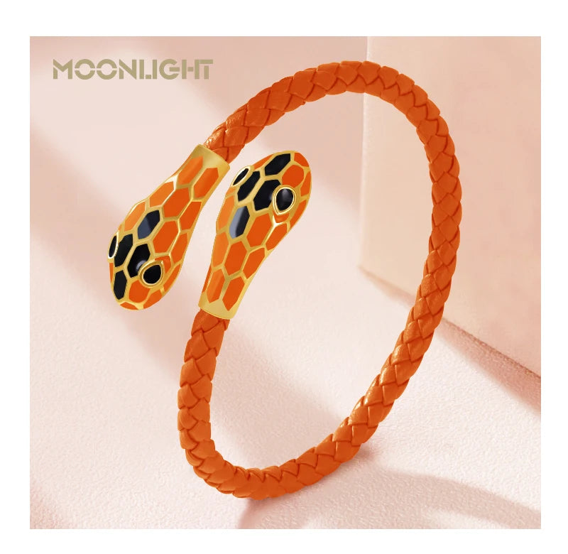 MOONLIGHT Classic Style Double Snake Head Cuff Bangles for Women Genuine Braided Leather Bracelets Female Fashion Jewelry Gifts