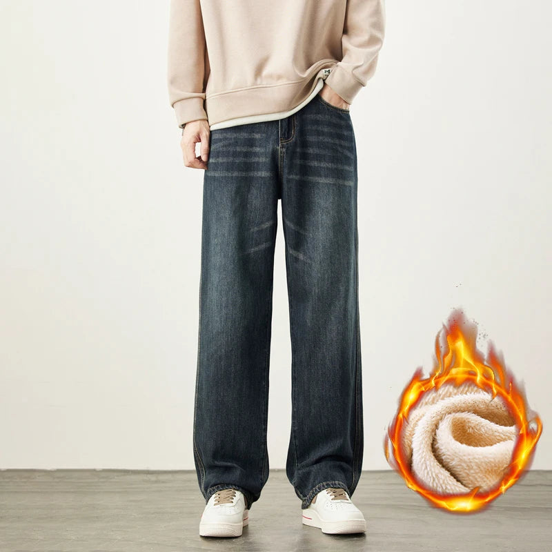 Wide-Leg Warm Fleece Jeans — Winter Thick Loose Straight Denim Pants for Men, Vintage Casual Velvet-Lined Korean Style Trousers