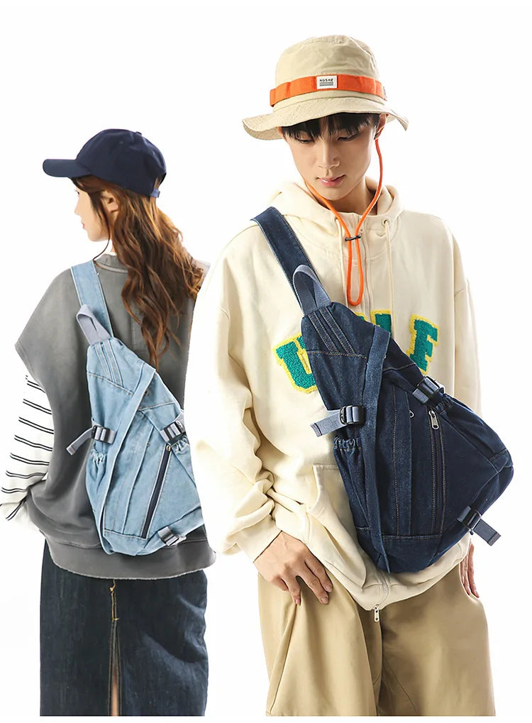 Vintage Washed Denim Sling Bag Man Woman Multifunction Retro Large Capacity Portable Motorcycle Chest Bag