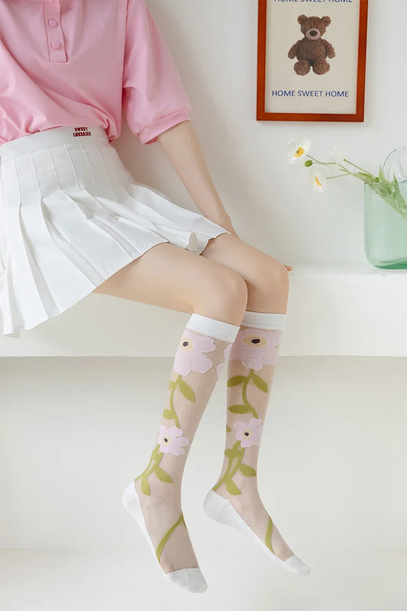 Floral Print Knee High Socks | Stylish Ultra-Thin Summer Stockings