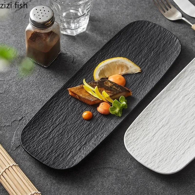 Stone Patterned Frosted Ceramic Sushi Plate | Elegant Dim Sum Dish