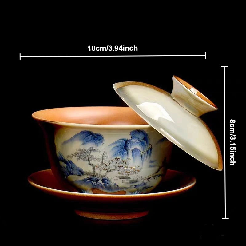Hand Painted Lotus Gaiwan Tea Tureen | Vintage Ceramic Teacups