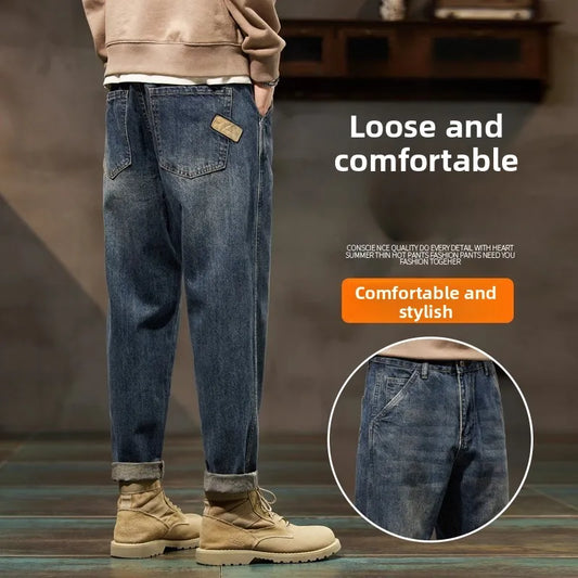 Retro American Style Men’s Jeans — Loose Straight-Leg Harlan Denim Pants, Autumn & Winter Casual Fashion Cotton Trousers