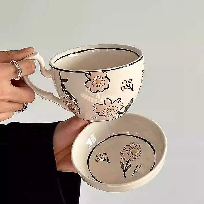 Large Capacity Ceramic Breakfast Cup with Lid | Rustic Coffee Mug Set