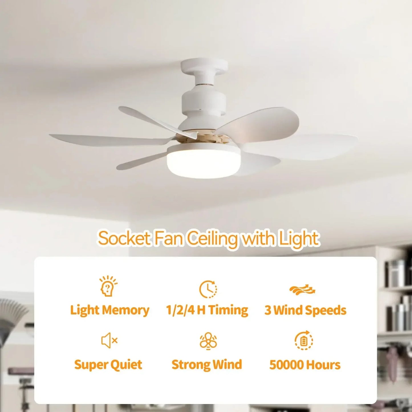 Cordless Light Socket Fan | Versatile LED Ceiling Fan with Light