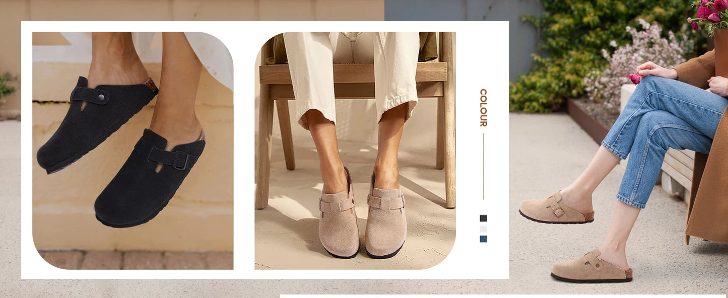 Women's Adjustable Buckle Cork Clogs | Comfortable Suede Slippers