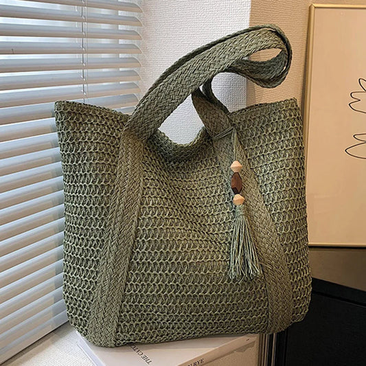 Elegante bolso de playa de paja tejido a mano para mujer | Estilo bohemio chic