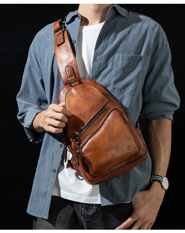 Large-Capacity Leather Chest Bag for Men | Casual Shoulder Bag