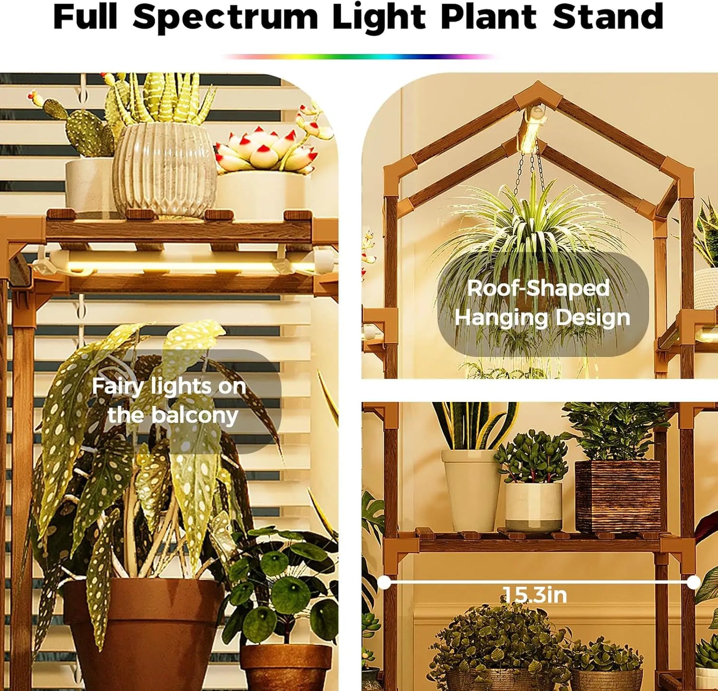 Estantería de madera para plantas con luces de cultivo para decoración interior y de patio