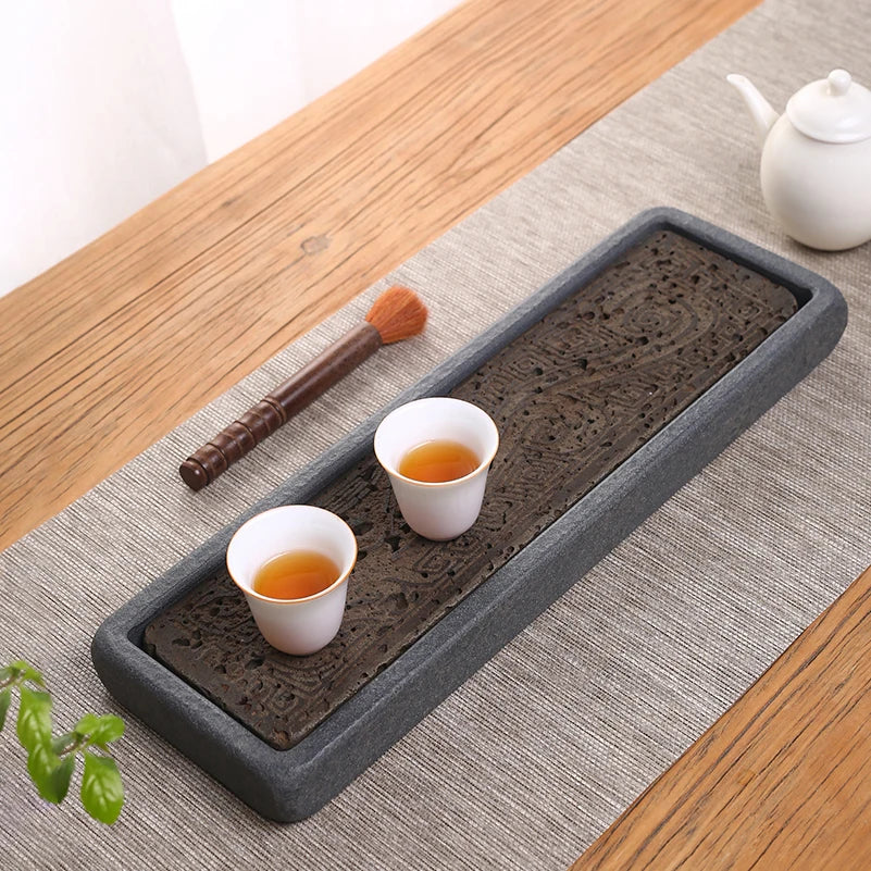Bandeja de té con tótem de dragón tallado a mano | Elegante decoración volcánica negra