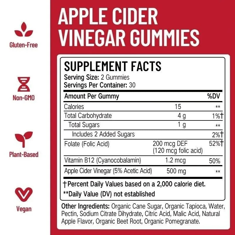 Apple Cider Vinegar Gummies with Vitamin B12 | 60 Count Supplement