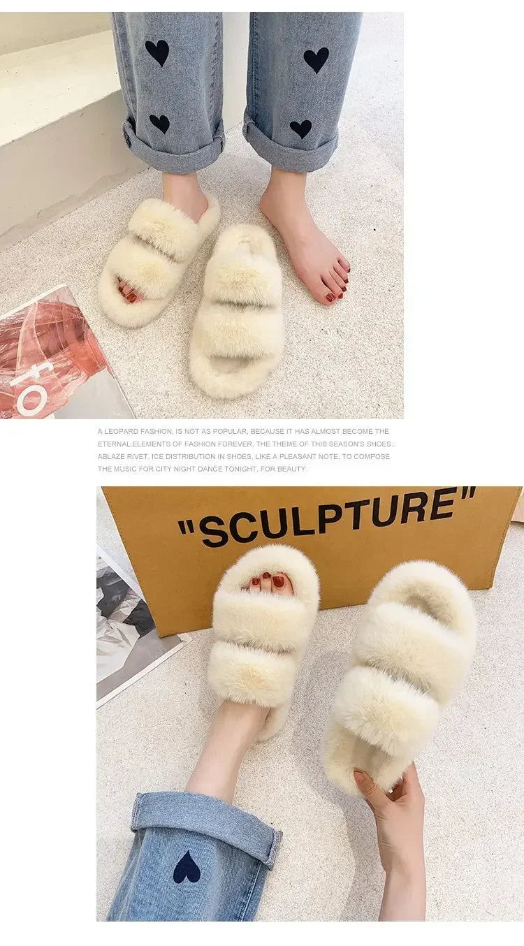 Cozy Double Fur Cross-Strap Plush Slippers | Warm Indoor Footwear