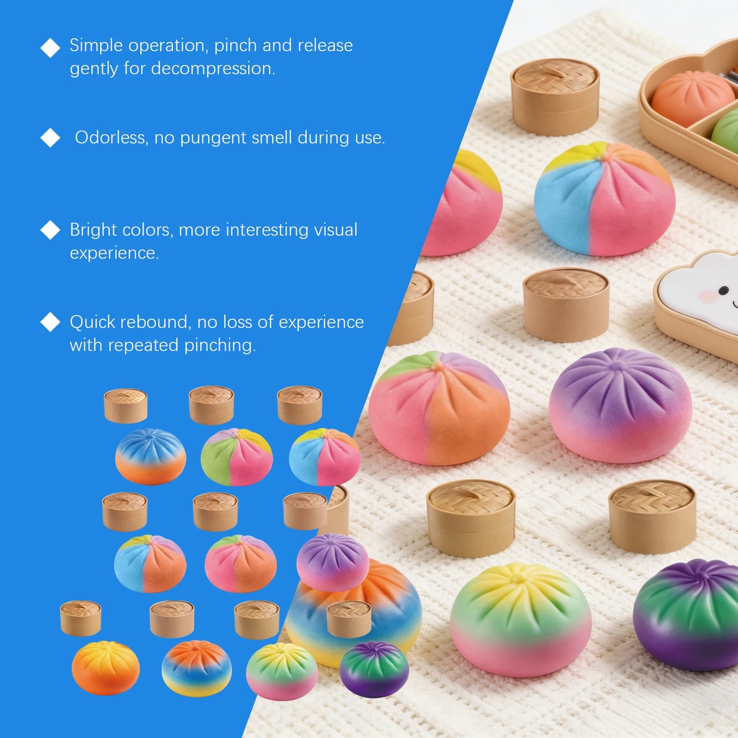 Steamed Bun Stress Ball Colorful Slow-Rise Squeeze Toy Decompression Toy Soft Anti-Stress Ball for Hands Dumpling Stress Ball