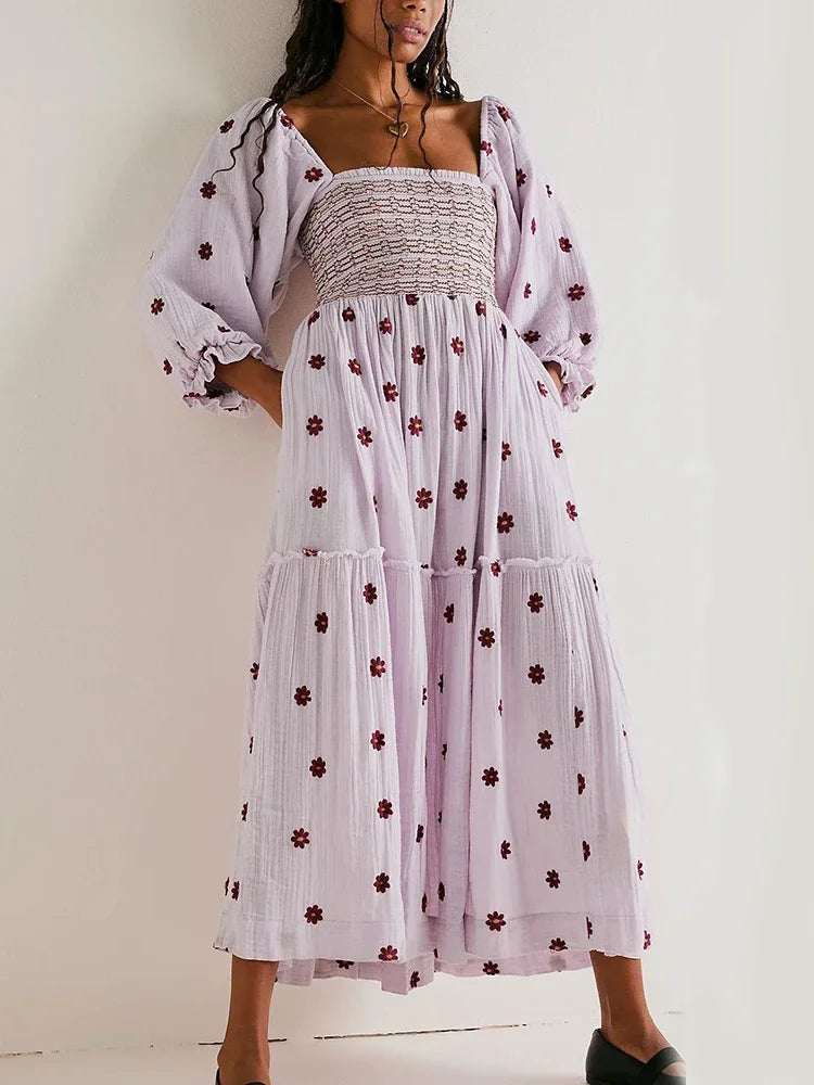 Boho Floral Embroidery Maxi Dress for Women | Casual Fashion