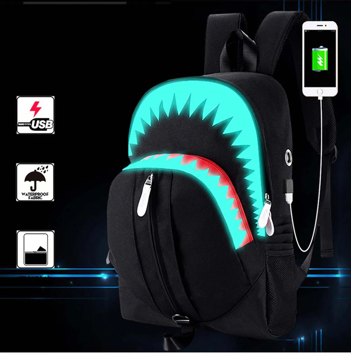 Luminous Shark Mouth Backpack | USB Laptop Travel Bag for Teens