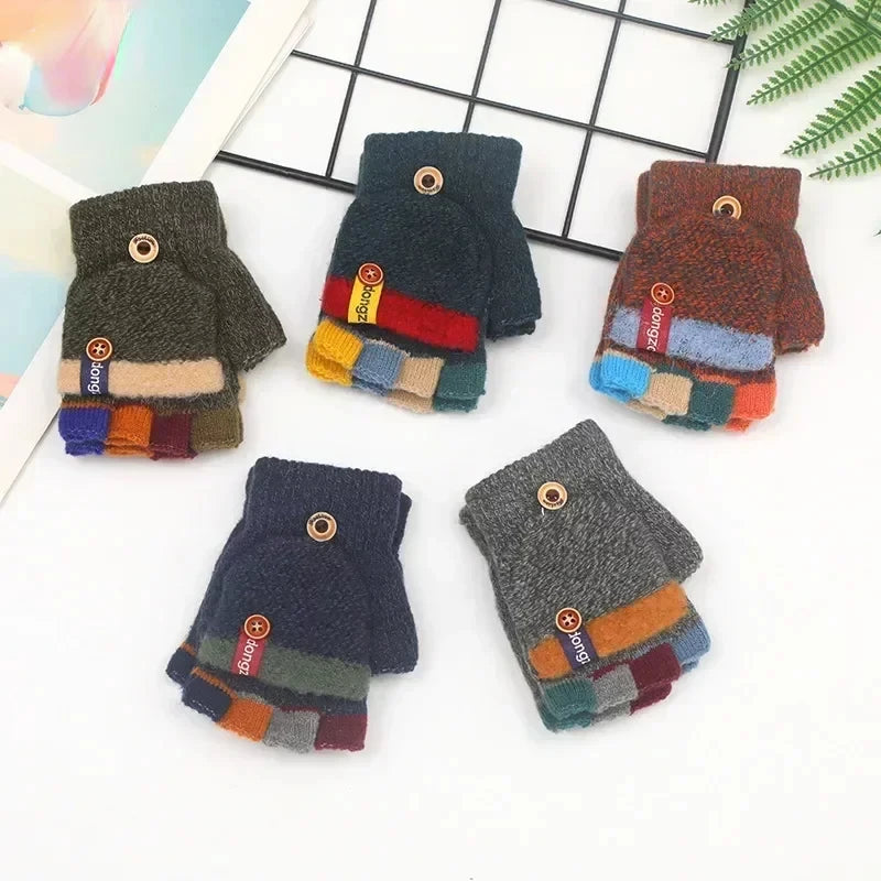 Kids Half Finger Flip Gloves | Warm Jacquard Design for Winter