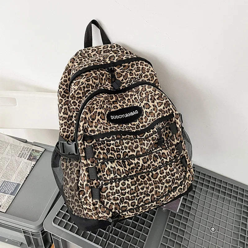 Vintage Leopard Print Backpack, Large Capacity School Bookbag with Side Mesh Pouch, for Students Travel Outdoor Streetwear