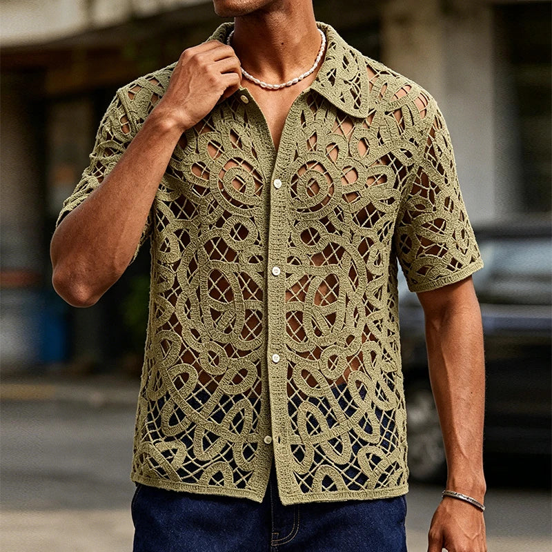 Men's Vintage Floral Embroidery Crochet Knit Shirt | Casual Summer Style