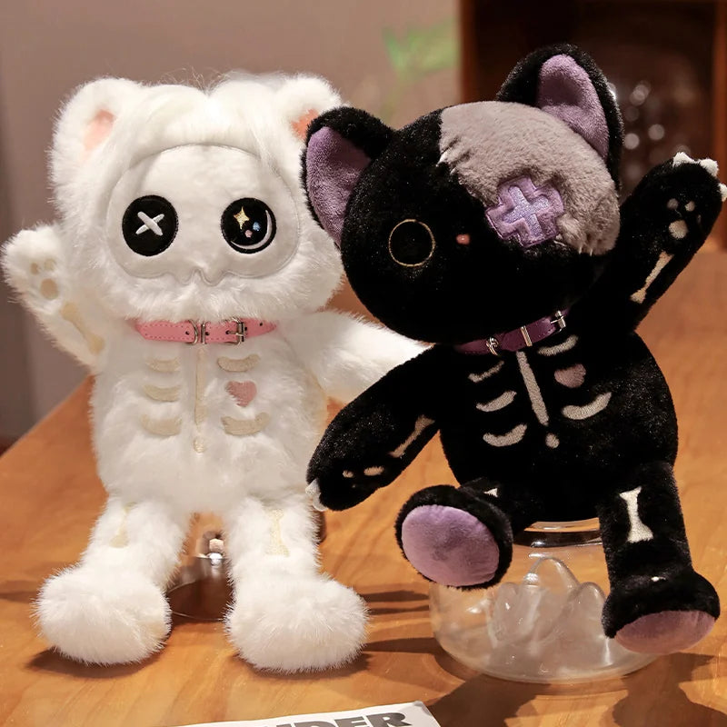 Kawaii Black Skeleton Cat Plush Toy | Fluffy Gothic Stuffed Animal