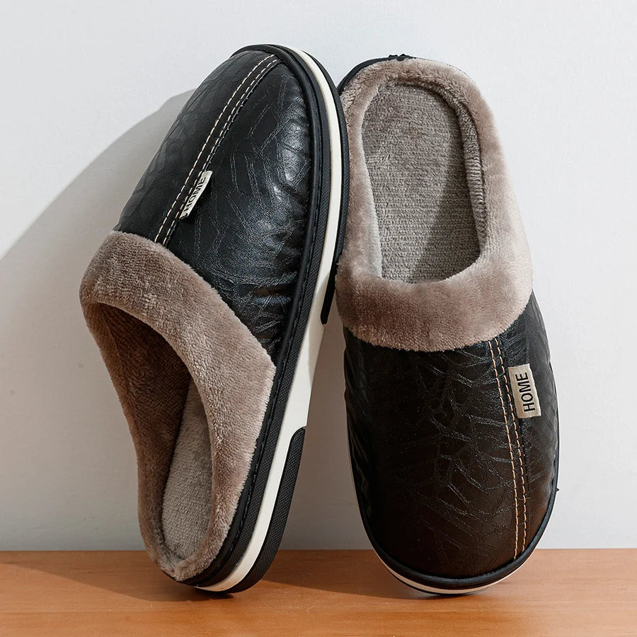Men's Winter Waterproof PU Slippers | Warm & Comfortable Indoor Shoes