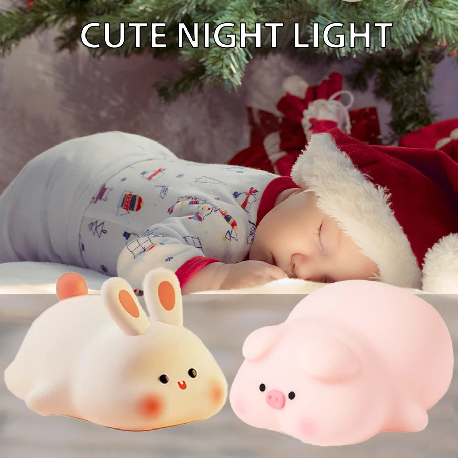 Cute Piggy Bunny Night Light | Soft Silicone Lamp for Kids
