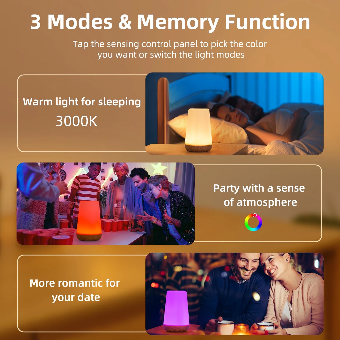 Lámpara de noche portátil RGB que cambia de color | Luz táctil regulable