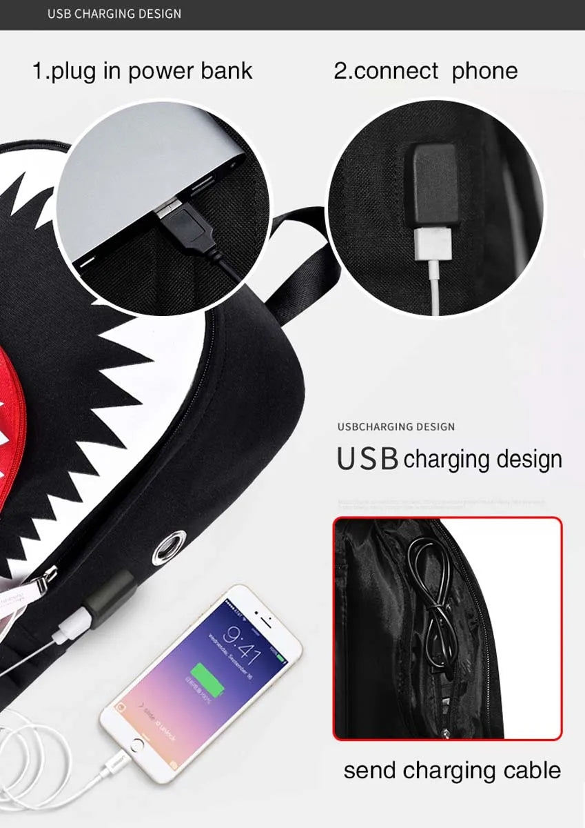Luminous Shark Mouth Backpack | USB Laptop Travel Bag for Teens
