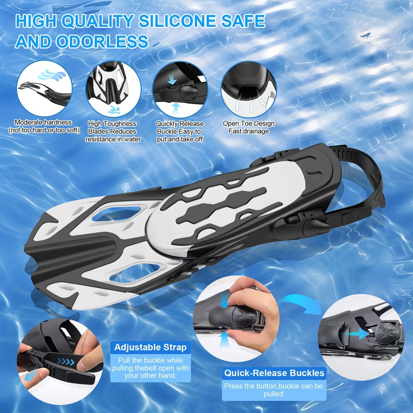 Swim Flippers Snorkel Fins Short Diving Frog Shoes Duck Webs Adjustable Silicone Travel Size Open Heel For Adult Men Women Youth