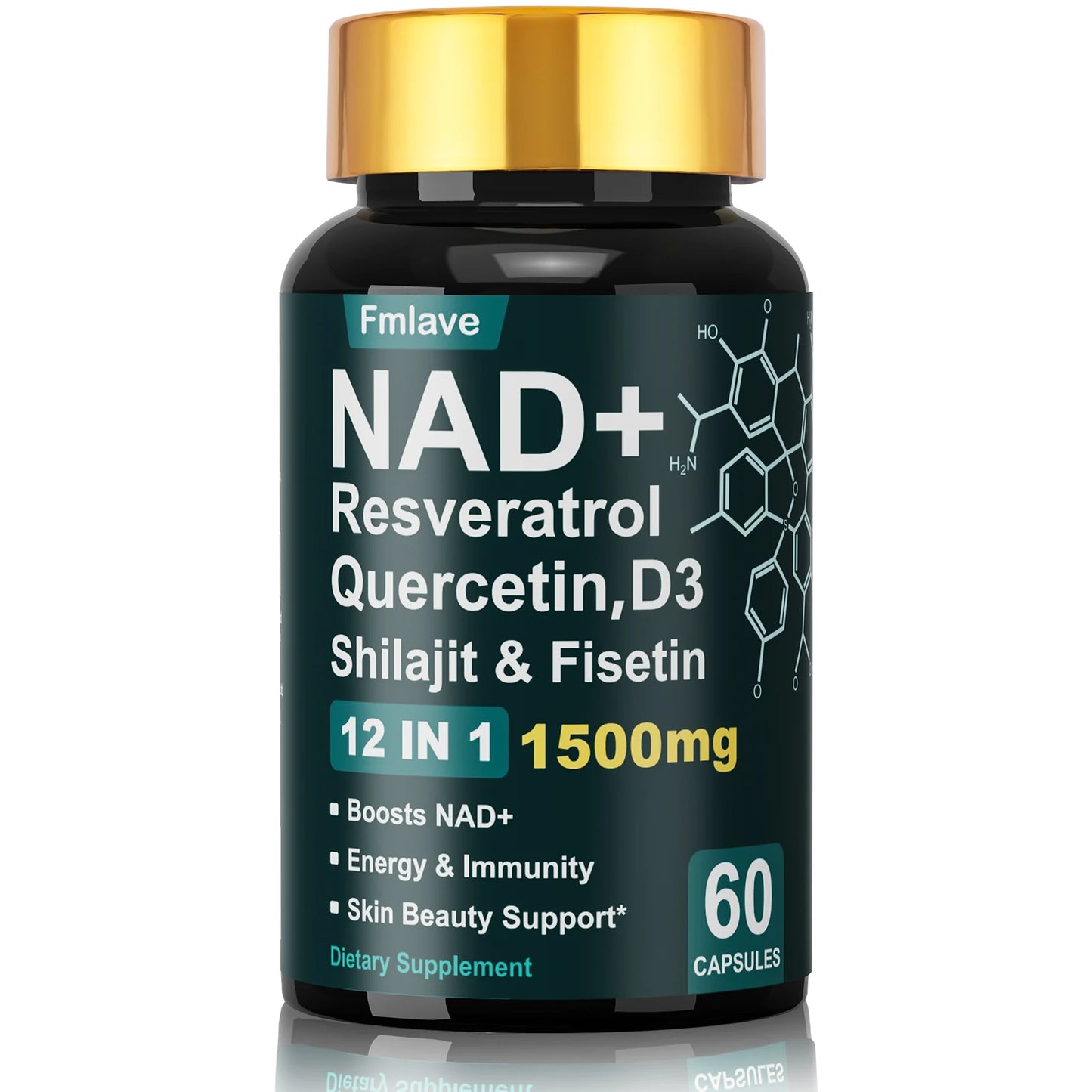 Fmlave NAD+ Resveratrol, Shilajit & Fisetin, Quercetin, D3,  – 12-in-1  Enhance Cellular Vitality and  Energy, Immunity & Skin Beauty  60 Capsules