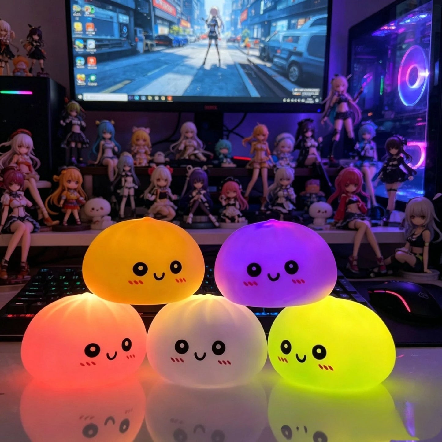 LED Glowing Bun Squishy: Light-up Bubble Spitting Steamed Bun, Realistic Food Stress Ball, Aesthetic Office Desk Decor