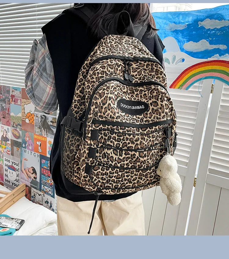 Vintage Leopard Print Backpack, Large Capacity School Bookbag with Side Mesh Pouch, for Students Travel Outdoor Streetwear