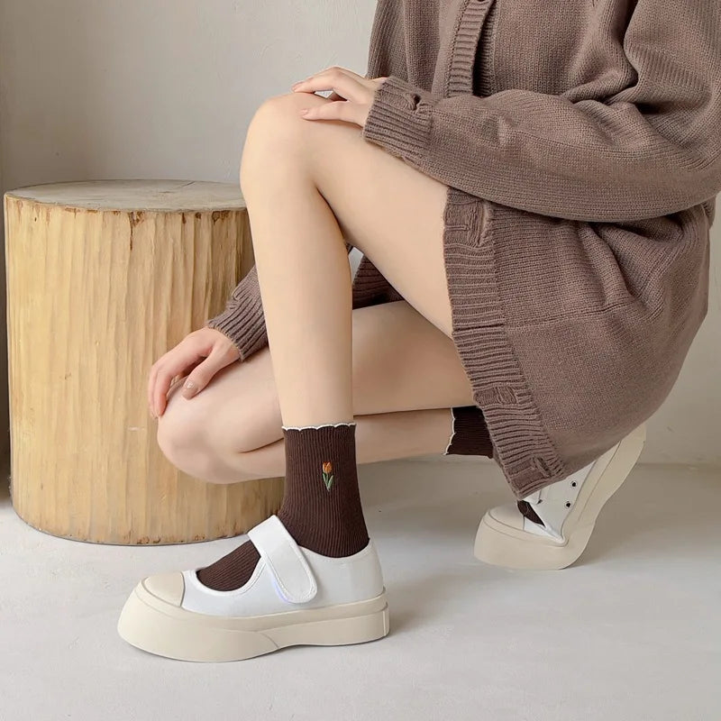 Women's Autumn Floral Embroidery Crew Socks | Cute Kawaii Style