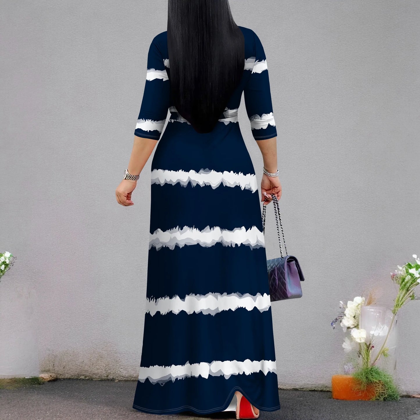 Colorful Tie-Dye V-Neck 3/4 Sleeve Wrap Maxi Dress for Women