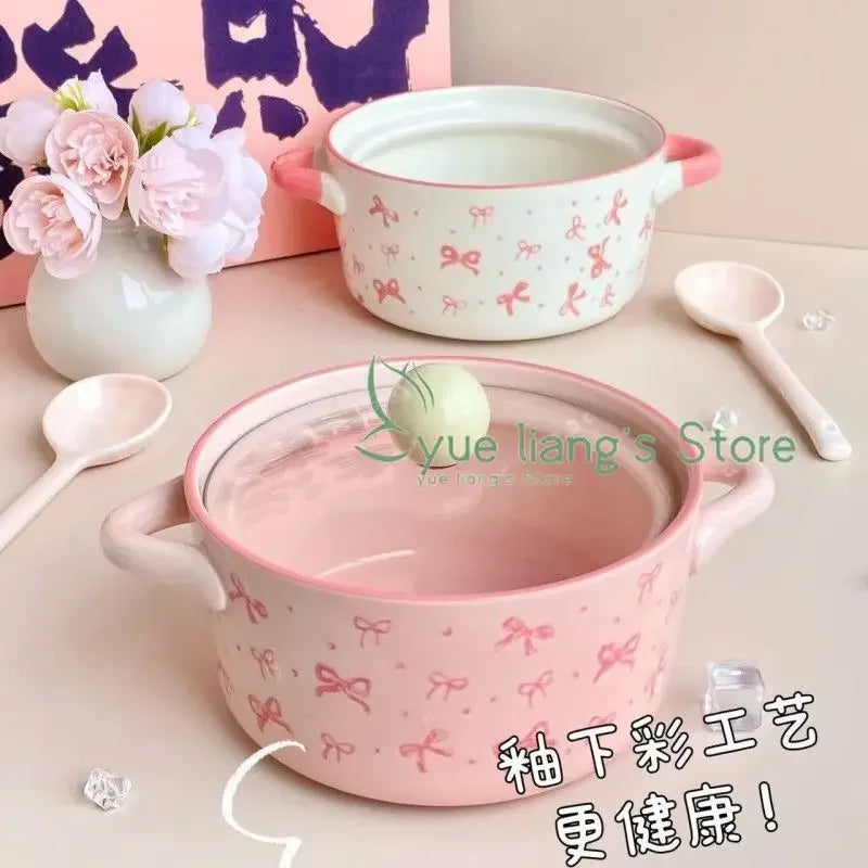 Bol de cerámica con tapa para fideos, diseño de lazo rosa | Adorable tazón para sopa