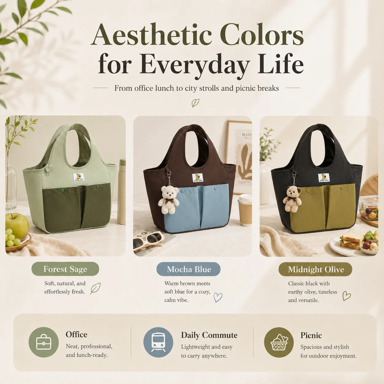 Insulated Lunch Bag Tote Waterproof Portable Large Capacity Bento Box Bag Thermal Cooler Handbag for Office School Picnic
