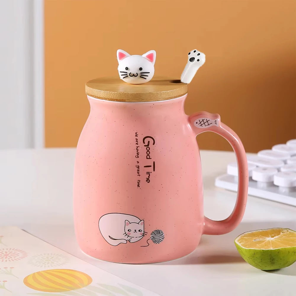 Cute Cat Water Cup | Adorable Ceramic Mug with Lid & Spoon