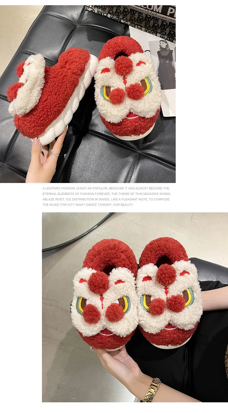 Cute Lion Dance Plush Slippers | Cozy Warm Winter Slides