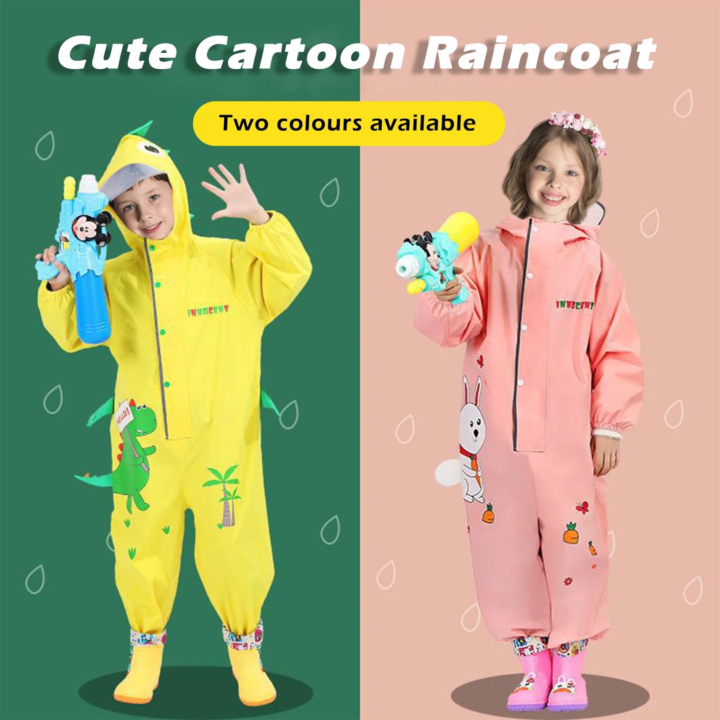 Cute Colorful Rabbit & Dinosaur Kids Raincoat | Waterproof One-Piece