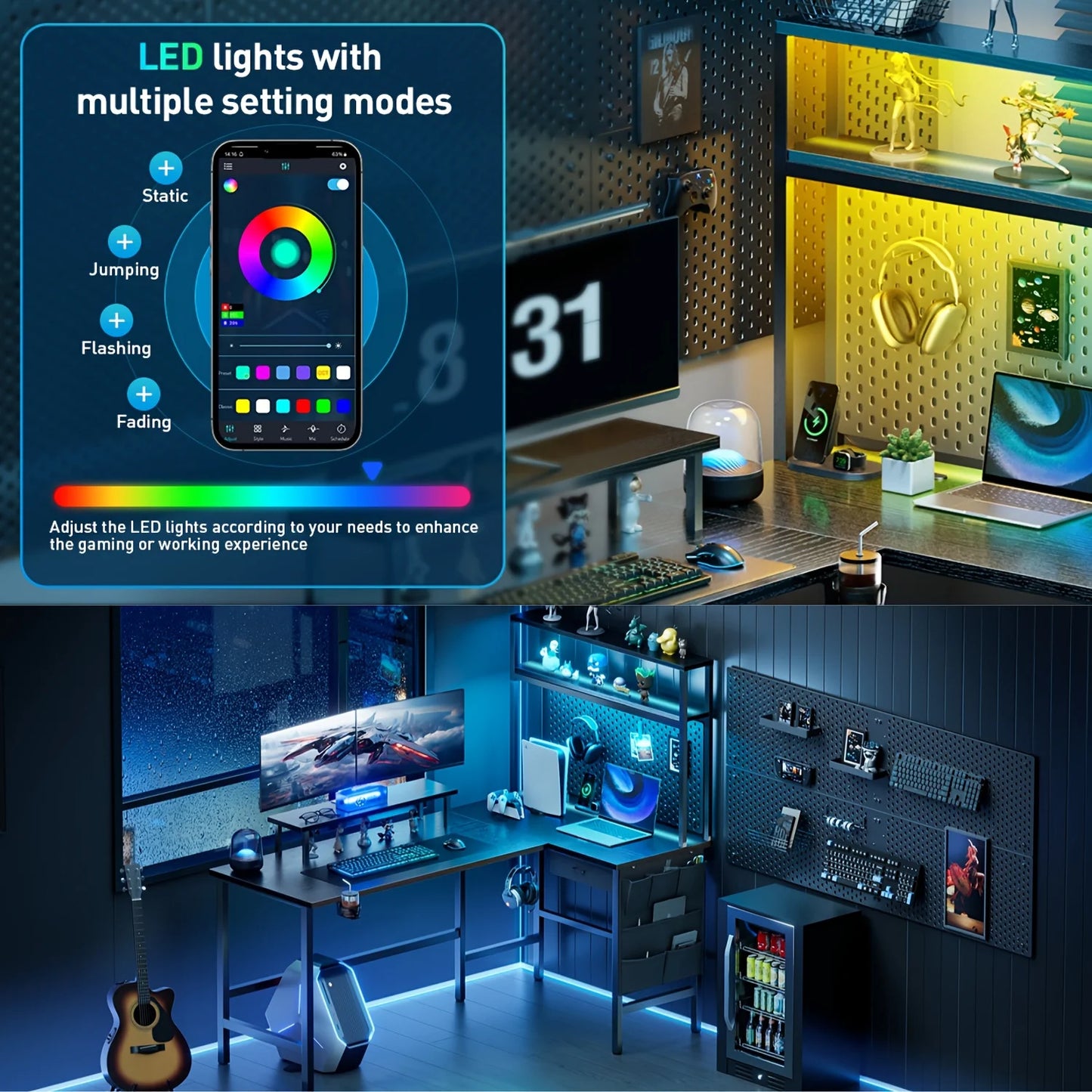 Versatile L Shaped Reversible Computer Desk with LED Lights