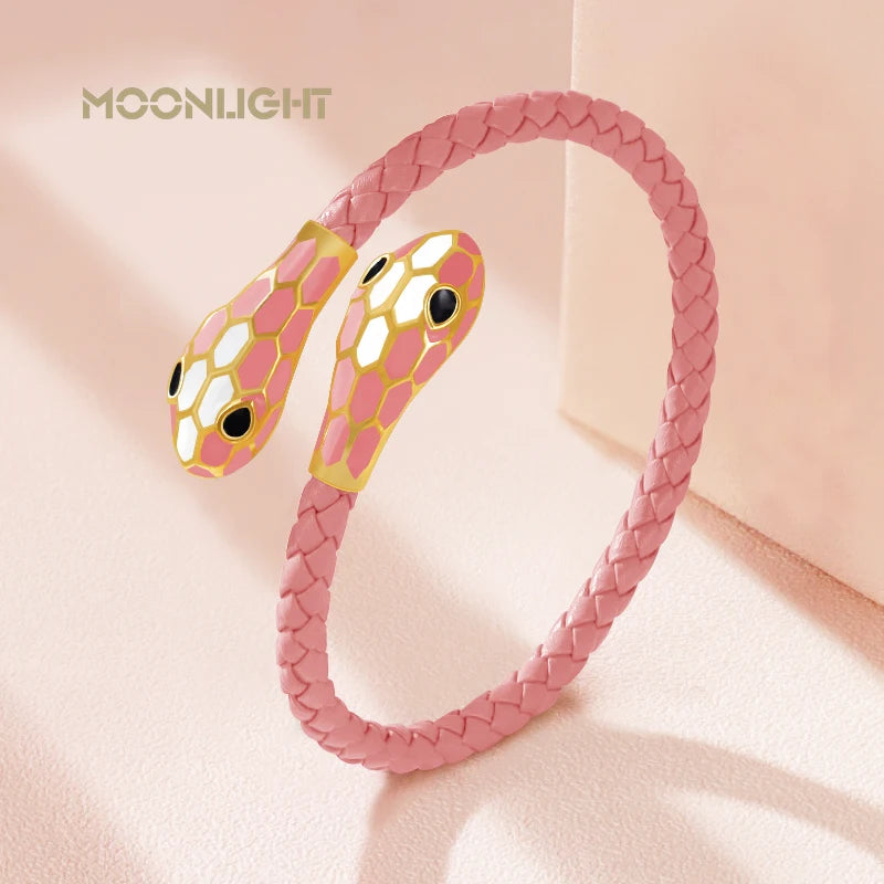 MOONLIGHT Classic Style Double Snake Head Cuff Bangles for Women Genuine Braided Leather Bracelets Female Fashion Jewelry Gifts