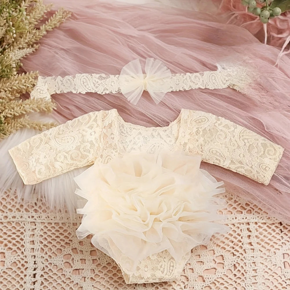Adorable conjunto de diadema de encaje con flores y pelele para recién nacido para sesiones de fotos
