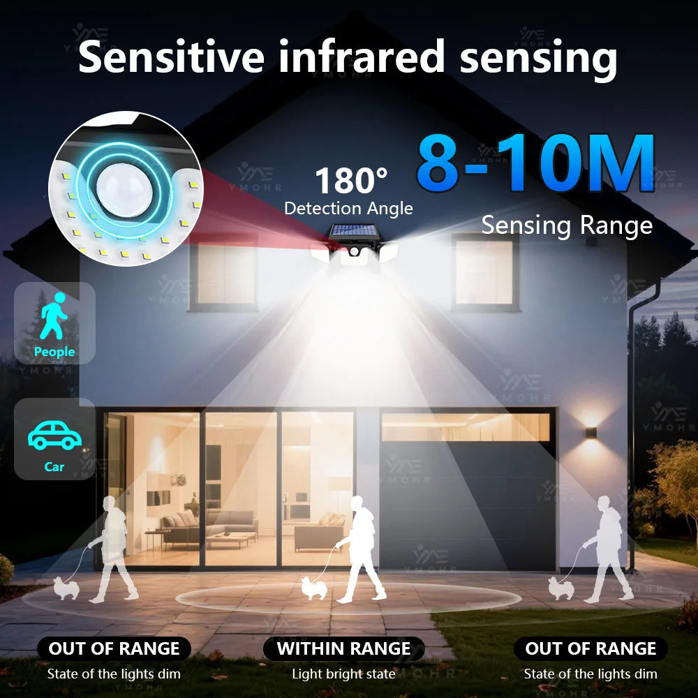 Luces solares ajustables de 3 cabezales | Lámparas de pared para exteriores con sensor de movimiento