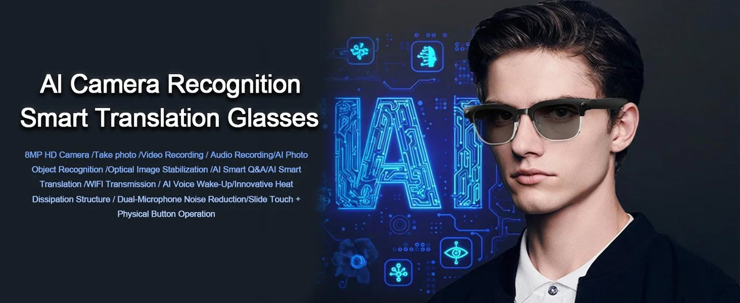 2026 Smart Glasses with 800W Ultra-Wide HD 4K Camera — Dual Lens Video Recording, 4GB AI Photo Recognition, Bluetooth Calls, Voice Translation, Anti-Blue Light UV Sunglasses